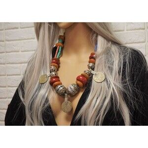 Berber Coin Necklace: Enamel & Copal Beads, Moroccan Tribal Style